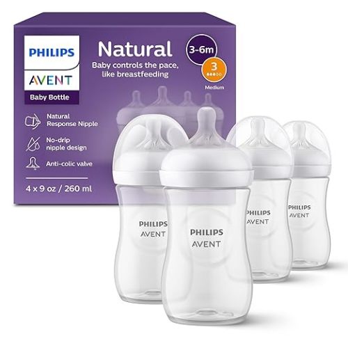 Philips Avent Natural Baby Bottles with Natural Response Nipples (Medium Flow, Flow 3), 9oz, 4-Pack, SCY903/04