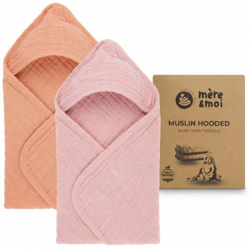 Mère & Moi: Muslin Hooded Baby Bath Towel – 2 Pack, Pink & Peach - 30", Soft Cotton, Absorbent, Quick-Dry, Oeko-TEX, Pool-Water, Newborn-Toddler Care