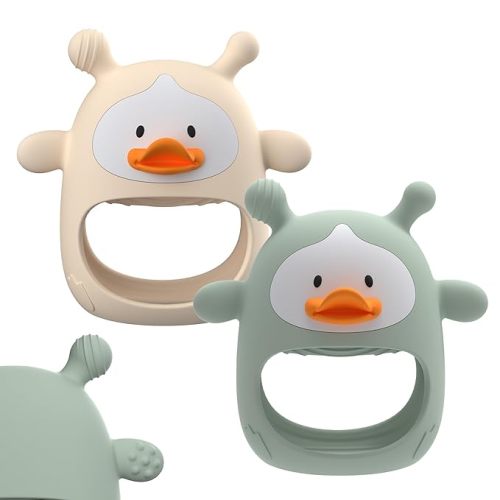 2 Packs Baby Teething Toys for 3-6 6-12 Months, Food Grade Silicone Teething Mitten, Anti Dropping Wrist Hand Teethers, Never Drop Baby Chew Toys for Sucking Needs, BPA Free (Nude & Green)