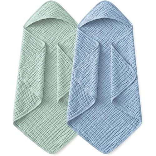 Yoofoss Hooded Baby Towels for Newborn 2 Pack 100% Muslin Organic Cotton Baby Bath Towel with Hood for Babies, Infant, Toddler and Kids, 37.5"x37.5", Soft and Absorbent Newborn Essential,Blue&Green