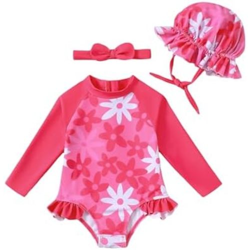 Baby Girl Swimsuit Long Sleeve One-Piece Swimwear with Hat Rash Guard Ruffle Floral Zipper Beach Infant Bathing Suit