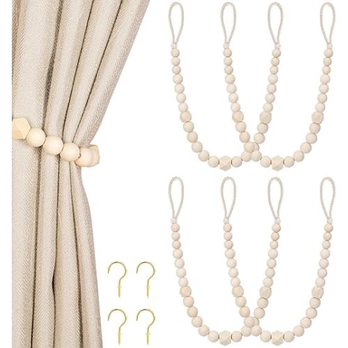 Wood Bead Curtain Tiebacks, KLOGTSIND Set of 4 Curtain Holdbacks for Thin or Thick Window Draperies, Boho Farmhouse Curtain Tiebacks with Hooks, Curtain Tie Backs for Home Office Room Decor