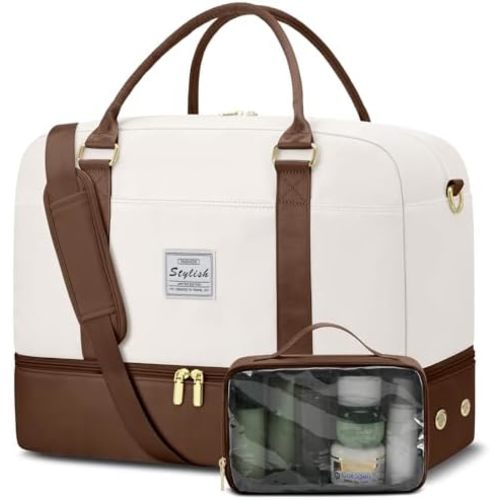 Weekender Travel Duffle Bag for Women: Overnight Bags with Shoe Compartment Carry on Bags for Airplanes with Toiletry Bag Yoga Gym Bag with Wet Pocket Travel Duffel Tote Bag Hospital Bag Brown Beige