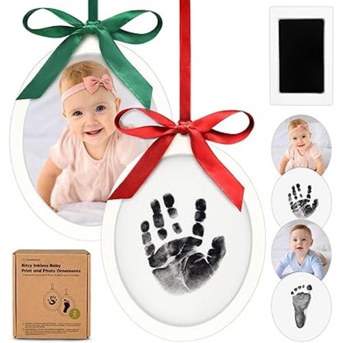 Inkless Baby Hand and Footprint Kit - Two-Sides Baby’s First Christmas Ornament Footprint Kit, Personalized Baby Gifts Photo Frame, Cute Newborn Keepsake for Nursery, New Mom Gifts(Oval/Alpine White)