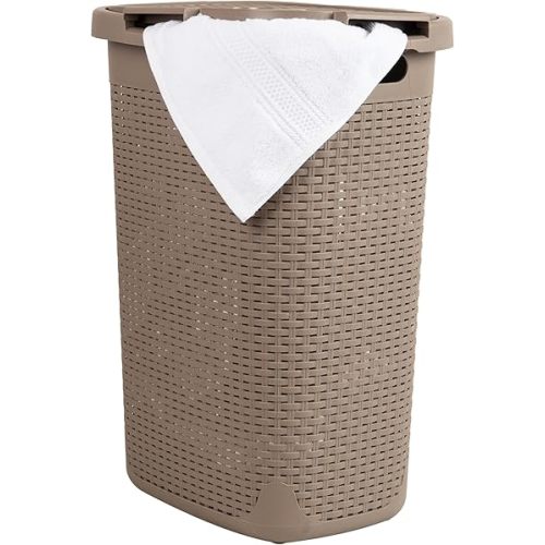 Mind Reader Slim Laundry Hamper with Lid, 60L Clothes Basket, Wicker Design, Plastic, 17.65"L x 13.75"W x 24.15"H, Tan