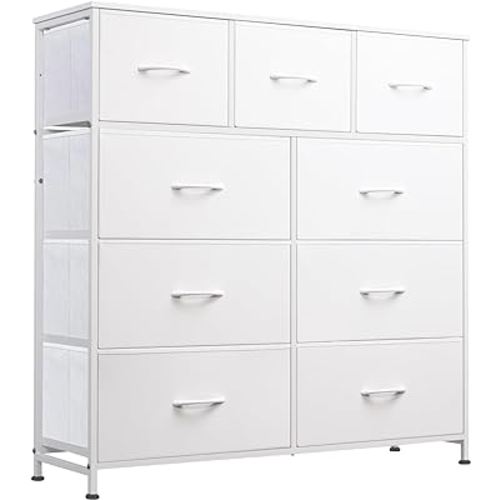 WLIVE 9-Drawer Dresser, Fabric Storage Tower for Bedroom, Hallway, Closet, Tall Chest Organizer Unit for Bedroom with Fabric Bins, Steel Frame, Wood Top, Easy Pull Handle, White
