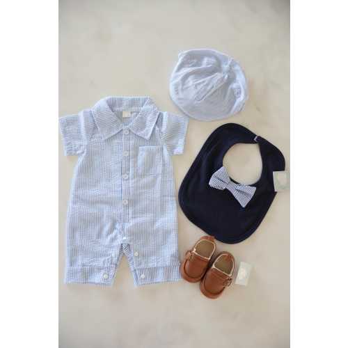 Summer Baby Boy Jumpsuit Romper, Seersucker, Newsboy Hat, Bowtie Bib, Loafer Shoes, Newborn Baby Boy Coming Home Outfit 1st Birthday Jumper