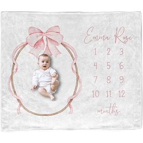 Personalized Baby Girl Milestone Blanket – Pink Bow Design with Name, Monthly Growth Blanket, Newborn Photo Prop