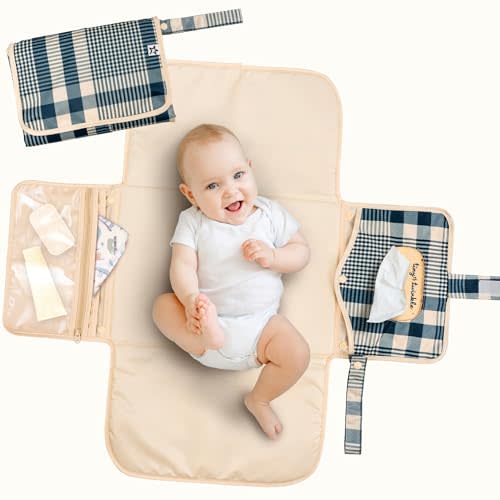 Tiny Twinkle Portable Diaper Changing Pad | Waterproof, Wipeable & Compact Baby Changing Pad for Travel | Smart Wipes Pocket & Organized Storage| Newborn Shower Gift (Gingham)