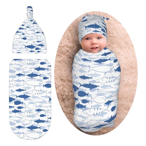 Sharks Ocean Beach Fish Funny Blue Newborn Swaddle Blanket Baby Stuff Baby Swaddling Blanket with Beanie Set Soft Sleeping Sack for Unisex Girls Boys