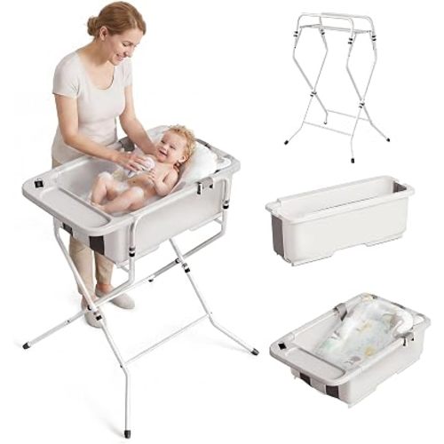 Collapsible Baby Bathtub with Stand - Big Baby Bath Tub with Thermometer | Parents Spine Save Infant Baby Tub Foldable Newborn Toddler Bathtub for Baby Girl Boy 0 to 36 Months White