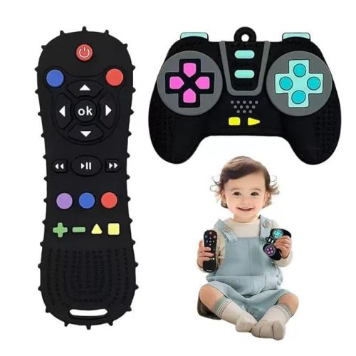 AALFA Baby Teething Toy, Soft TV Remote+Game Machine Shape Chew Set Intellectual Development Intellectual Development Educational Toy,Safe Silicone Toddler Infant (Black (handle+remote control))