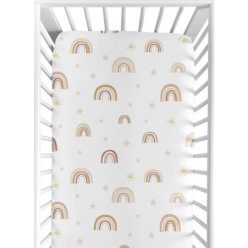 Sweet Jojo Designs Sábana bajera ajustable para cuna para bebé o niño pequeño, color rosa rubor, oro rosa polvoriento, amarillo, malva, gris pardo, beige, bronceado, estrellas bohemias, sol,