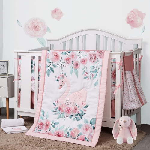 Sweet Baba Pink Swan Crib Bedding Set For Baby Girls, 5 PC Crib Set Includes Comforter/Skirt/Crib Sheet/Diaper Stacker/Blanket