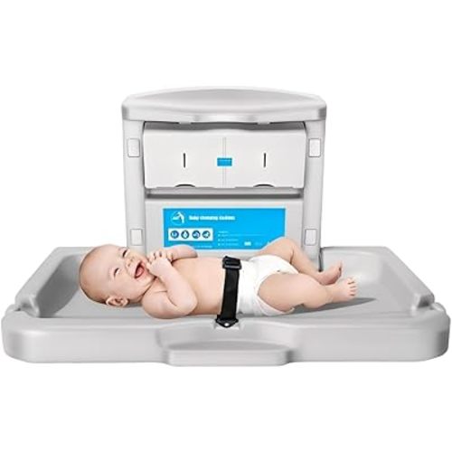 Baby Changing Station Wall Mounted,Commercial Baby Changing Station with Safety Strop,Foldable Wall Mounted Changing Table for Commercial Bathroom,Suitable for Commercial, Hotels & Airports