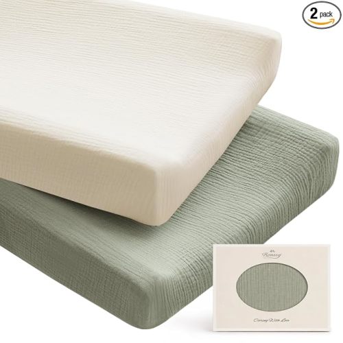 Konssy 100% Cotton Muslin Changing Pad Cover 2 Pack, 32"x16" Standard Fit | Ultra Soft & Breathable, Diaper Changing Table Sheets, Neutral Nursery Design, for Baby Boys Girls (Fog Green,Cream)