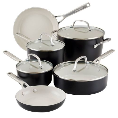 KitchenAid 10pc Hard Anodized Ceramic Nonstick Cookware Set Matte Black: Lifetime Warranty, Hand Wash, Gas Compatible