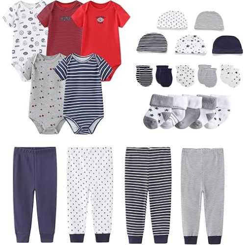 Newborn Layette Gift Set Bodysuits Pants for Baby Girl and Boy 24 Piece 100% Cotton Essentials and Accessories