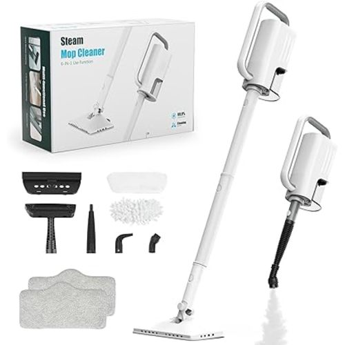 Steam Cleaner, 6 in1 Rotated Steam Mop Cleaner with 2 Modes, 2 Microfiber Pads, 400ML Removable Tank, 23FT Power Cable, Detachable Steam Mops for Floor, Laminate Floor, Tiles Cleaning (Sky White)