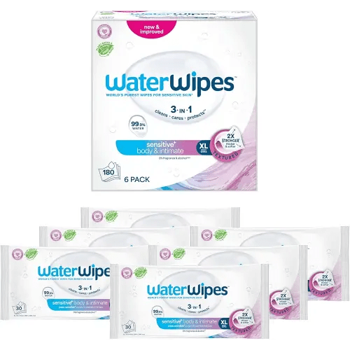 WaterWipes Sensitive+ Body & Intimate Wipes, 3-In-1 Cleans, Cares, Protects, 99.9% Water, Unscented & Hypoallergenic Hygiene Wet Wipes, Adult Care,180 Wipes (6 Packs)