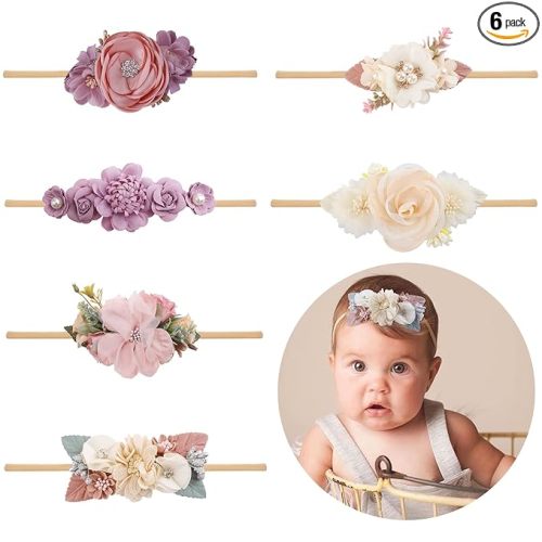 Baby Girl Flower Headband 6 PCS Elastic Hairbands Handmade Nylon Bows Headbands Chic Floral Hair Accessories Kids Gifts for Newborn Infant Toddlers