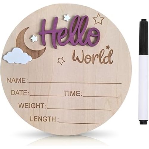 Baby Announcement Sign, 5.9 Inch Wooden Hello World Newborn Signs, Birth Announcement Sign and Pen, Moon and White Cloud Decoration, Welcome Newborn Arrival to World (Rose Jam Purple)