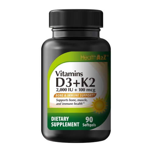 HealthA2Z Vitamin D3 + K2 | 2000 IU + 100 mcg | 90 Easy-to-Swallow Softgels | Clean Label, No Dyes | Bone, Muscle & Immune Support