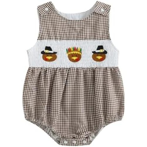 Infant Boys Turkey Romper Gingham Bubble Rompes Smocked Sleeveless Tank Bodysuit Newborn Baby Thanksgiving Clothes