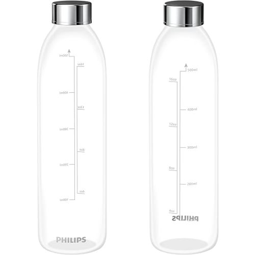 PHILIPS Glass Water Bottles, Reusable Clear Glass bottles with Lids, Stainless Steel Cap Juice Bottles BPA Free Food Grade & Leakproof Travel Bottles for Refrigerator, 16.9 Oz, 2 Pack ADD907P2