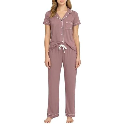 BORN Womens Button Down Pajama Set, Short Sleeve PJ Set with Pants | Soft & Breathable