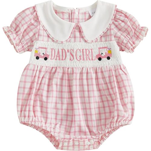 Adobabirl Baby Girl Smocked Bubble Romper Golf Cart Clothes Embroidered Short Sleeve Plaid Bodysuit Fathers Day Outfit