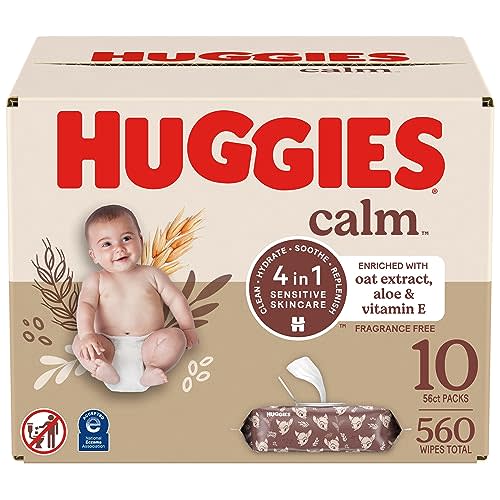 Huggies Calm Baby Wipes, Unscented, Hypoallergenic, 10 Push Button Packs (560 Wipes Total)