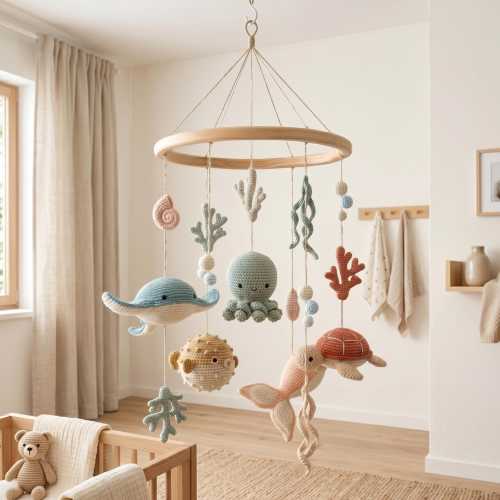 Ocean Baby Mobile: Handmade Crochet Sea Animals Nursery Decor – Whale, Octopus & Turtle Crib Mobile – Neutral Coastal Baby Shower Gift