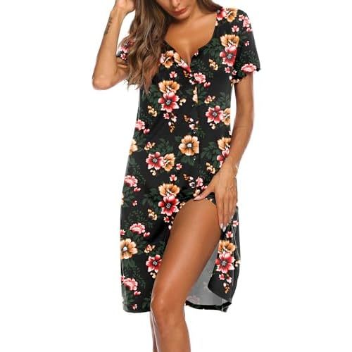 Ekouaer Womens Nightshirt Button Down Sleep Shirts Short Sleeve Nightgown V-Neck Sleepdress Soft Sleepwear