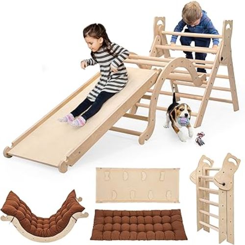Large Foldable Toddler Climbing Toys Indoor Jungle Gym, Pikler Triangle Set with Cushion, S-lide and Arch, 7-in-1 Montessori Climbing Set(1.5-6yrs)