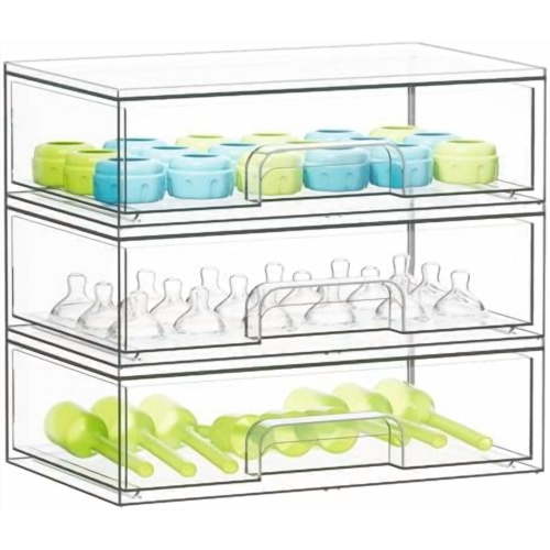 Bottle Storage Organizer Baby - Acrylic Bottles Station Organizer Container, Stackable Clear Drawers for Countertop, Vanity, Bathroom, Cabinet, Pantry Organization, 3 Pack, 3L, 10.3"H