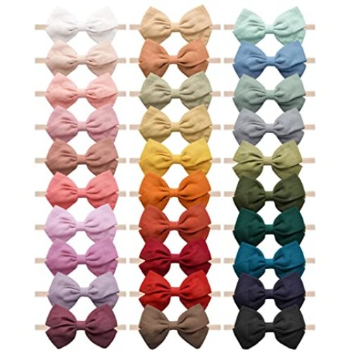 Jesries 30 Pcs Baby Headbands Girls Hair Bows Nylon Hairbands with Linen Bows Handmade Head Accessories for Infant Newborn Toddlers Kids