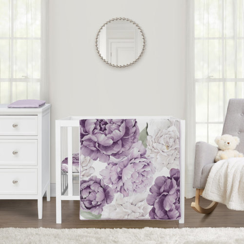 Sweet Jojo Designs Peony Floral Garden Lavender Purple and Ivory 3 Piece Mini Crib Bedding Set | Wayfair
