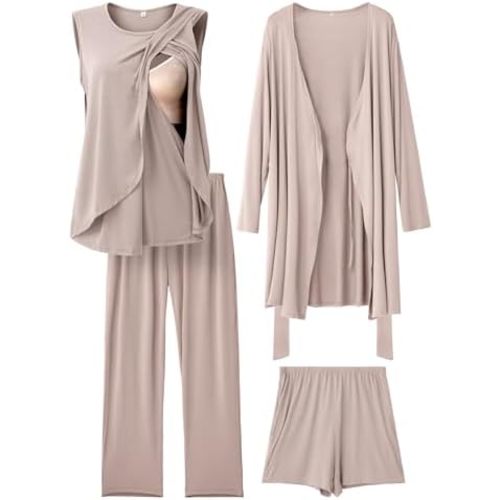 Rnxrbb 4 PCS All-Season Nursing Pajamas Robe Set for Hospital Postpartum Breastfeeding Maternity Pjs Gown Lounge Clothes