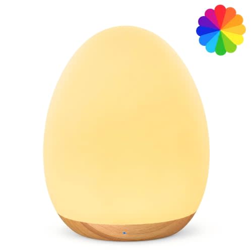 Egg Light, 7 RGB Colors, Dimmable Touch Control Night Light for Kids, Wood | Rechargeable Portable Bedside Light with Timer, Baby Safe, Soft Light for Breastfeeding, Newborn, Toddler & Kids Room