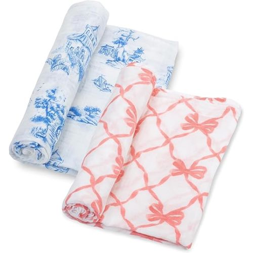 LollyBanks Muslin Swaddle Blankets 2PACK, 100% Cotton Baby Blanket 47 x 47 Inches, Large Baby Swaddle Breathable, Muslin Blankets for Girls (Pink Bow and Chinoiserie Print)