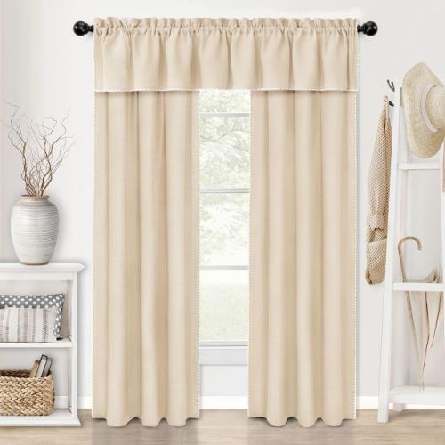 Kate Aurora Complete Coastal Hamptons Living Rod Pocket Textured Semi Sheer 3 Piece Window Curtain & Valance Set - 63 in. Long - Linen