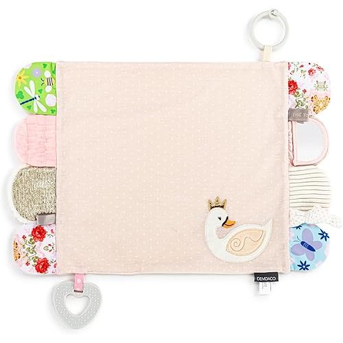 DEMDACO Mommy & Me Colorful 17 x 11.5 Inch Textured Fabric, Teething Ring, Tactile, Stroller Clip-on, Activity Blanket, Blankie, Pink, Swan