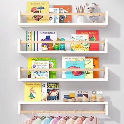 Fixwal Nursery Book Shelves, 23.6 Inch Floating Bookshelves for Wall Set of 4, Baby Nursery & Playroom Decor, Solid Wood Wall Mounted Shelves for Books and Toys Storage (White and Natural Wood)