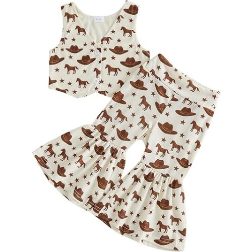 Toddler Baby Girl Summer Clothes Cowgirl Outfit Sleeveless Tank Tops Bell Bottoms Pants Set Cute Western Clothes