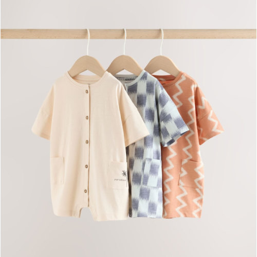 Buy Neutral Sunbaked Printed Button Through Jersey Baby Rompers 3 Pack from Next USA