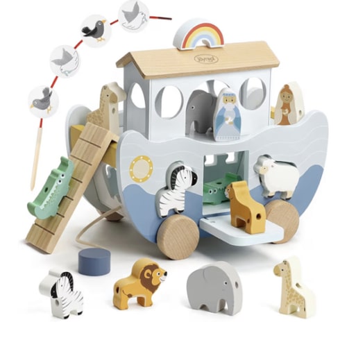 Joyreal Wooden Noah's Ark Toy for 1 Year Old Baby Boy and Girl Baptism Gift - Neutral Color Montessori Educational Toy with Animal Shape Sorter - Christian Toys for Toddler 1-3 Christmas Birthday Gift
