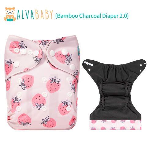 ALVABABY Bamboo Charcoal Cloth Diaper 2.0 with Double Gussets and Tummy Panel Each with 4-layer Charcoal Blend Insert -Strawberry (CHG-EW01A)