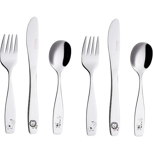 Exzact Kids Flatware 6pcs Toddler Utensils Children Silverware 18/10 Stainless Steel - Dishwasher Safe, 2 Years + (Safari)