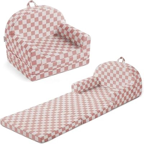 Blissful Diary Foldable Kids Couch, 2-in-1 Kids Sofa Chair, Blush Check